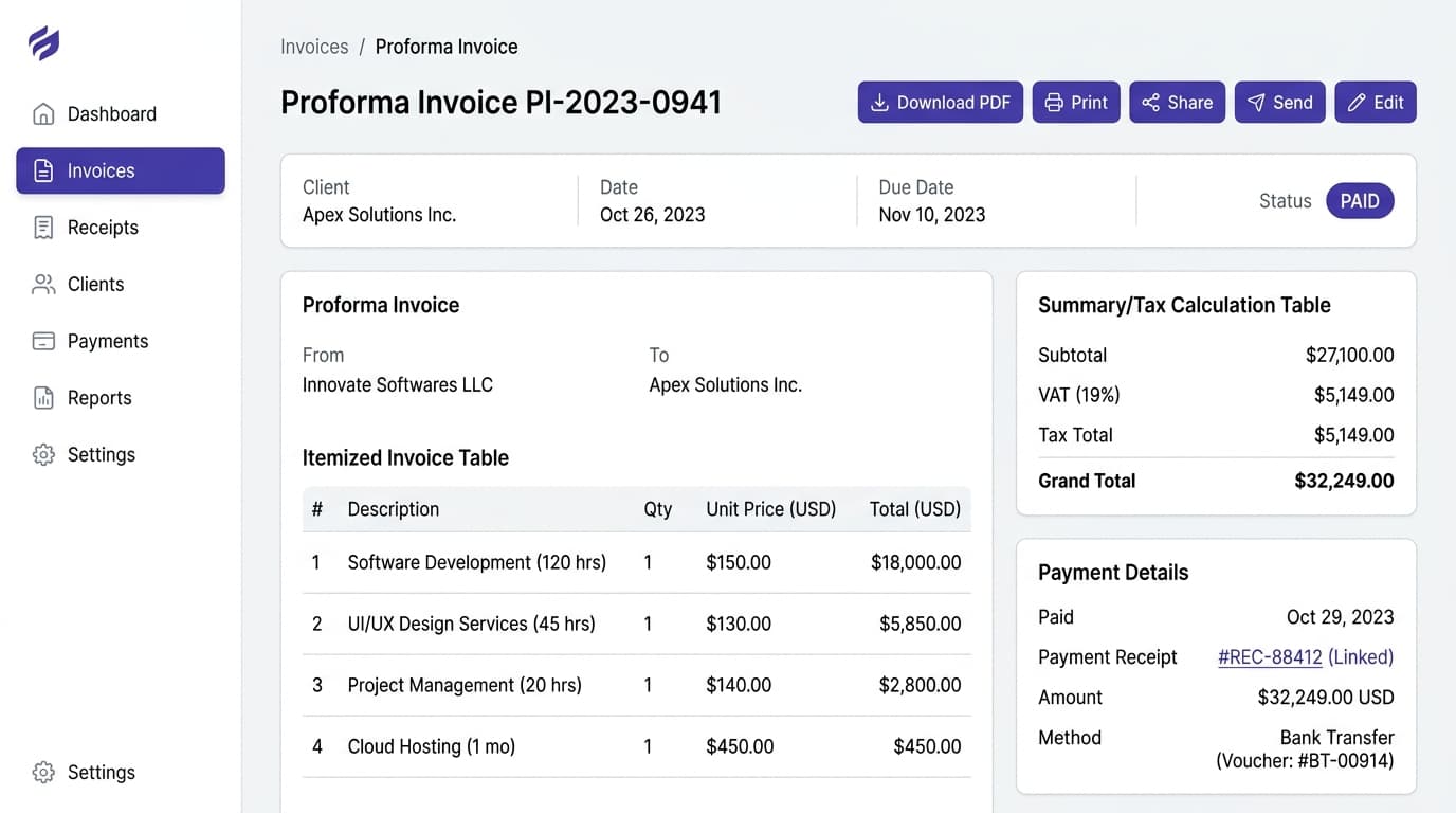 Automated Invoicing, Proforma & Instant Payment Receipts